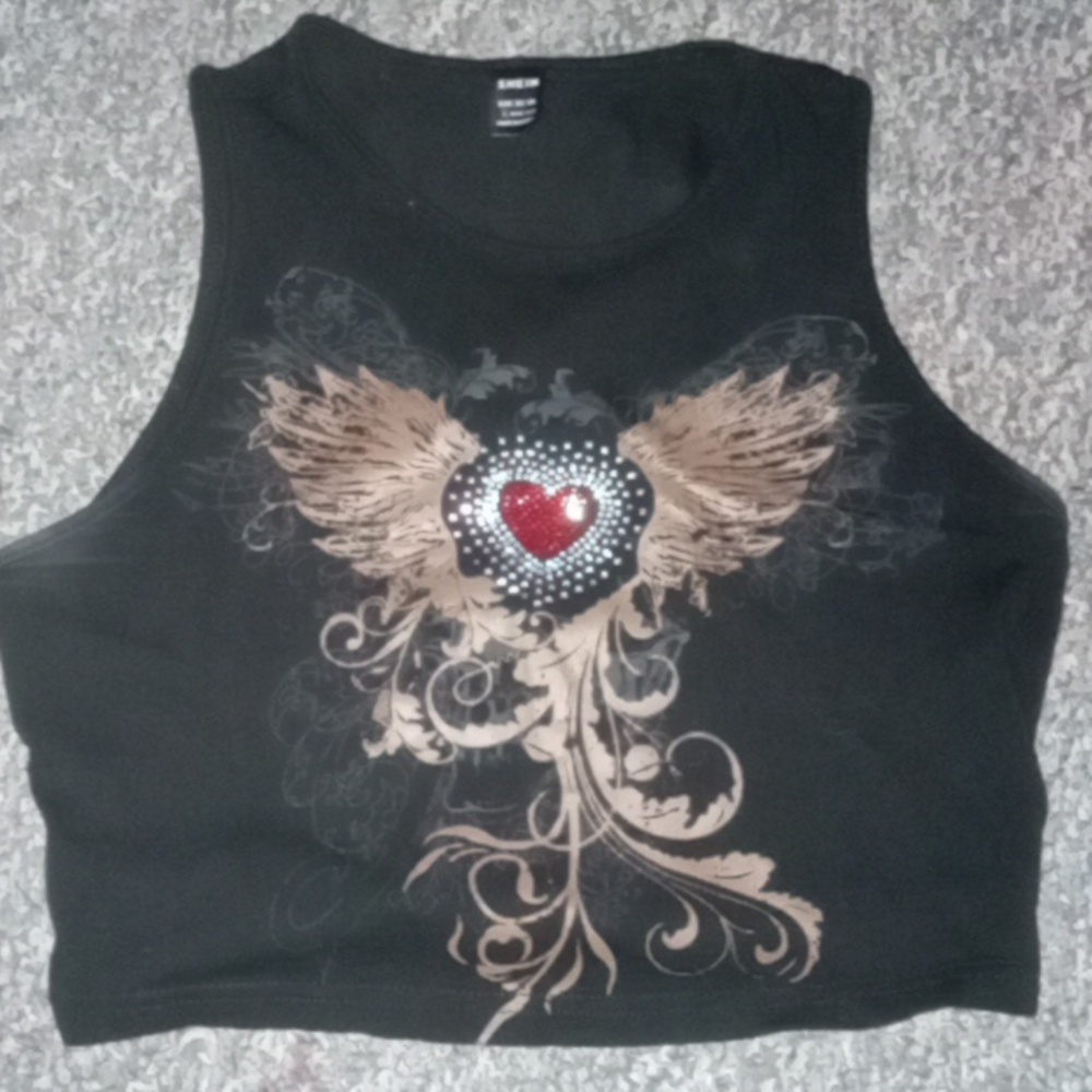 Shein black y2k rhinestone heart crop top L
